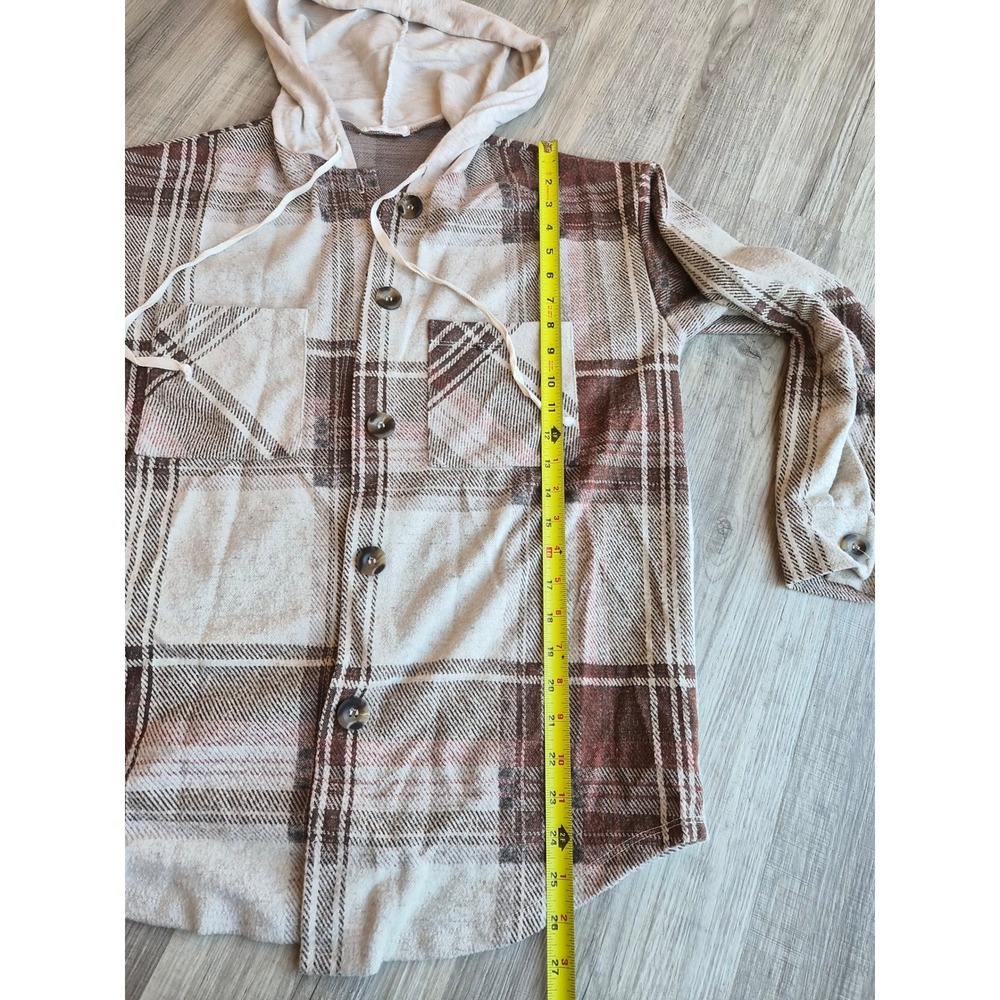 Reborn J Womens Plaid Hooded Shacket Brown Cream Button Front T14159-CK82 Small - Picture 5 of 6
